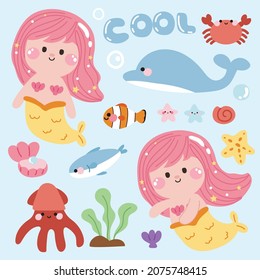 Underwater concept Cute girl mermaid and sea animals cartoon Character design Fish Squid Crab dolphin starfish shell hand drawn Children graphic Isolated Vector Illustration 