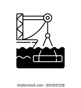 Icono lineal negro de construcción subacuática. Industria de la construcción marina. Colocando hormigón bajo el agua. Instalando suelos estancos, paredes. Símbolo de contorno en el espacio blanco. Ilustración aislada del vector