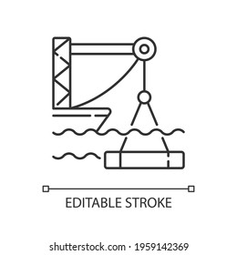 Underwater construction linear icon. Marine construction industry. Placing concrete under water. Thin line customizable illustration. Contour symbol. Vector isolated outline drawing. Editable stroke