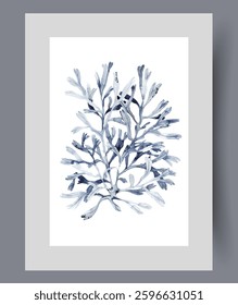 Underwater coral bush that decorates seabed and serves as home for fish on print. Watercolor poster. Artwork with blue coral plant growing in tropical ocean, in frame with decor for wall art