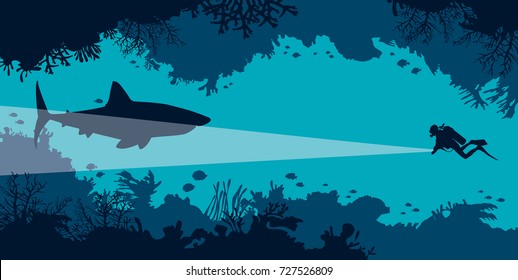 Underwater coral cave with fishes and silhouette of scuba diver and big shark on a blue ocean. Vector undersea illustration. Marine wildlife. 