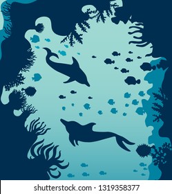 underwater coral with dolphins, background vector illustration