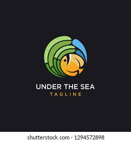 Underwater coral fish logo icon vector template on black background