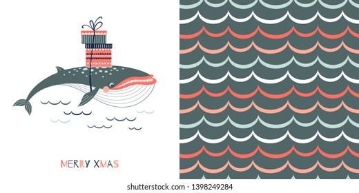 Underwater Coral Merry Christmas concept graphics set in decorative Scandinavian style. Fancy Xmas Whale transporting presents boxes on his back vector illustration. Simple flat ocean wavy pattern