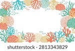 Underwater Coral Reef Border Vector Illustration with Colorful Corals, Fish, and Bubbles. Flat vector illustration EPS 10.