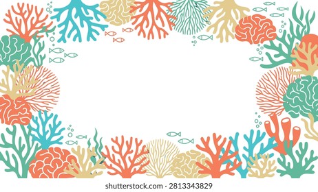 Underwater Coral Reef Border Vector Illustration with Colorful Corals, Fish, and Bubbles. Flat vector illustration EPS 10.