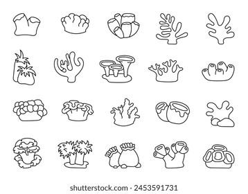 Underwater coral reef. Coloring Page. Floral marine aquarium. Hand drawn style. Vector drawing. Collection of design elements.