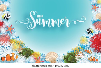 Underwater coral reef with fish on a blue sea background. Nature vector illustration. 