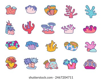 Underwater coral reef. Floral marine aquarium. Hand drawn style. Vector drawing. Collection of design elements.