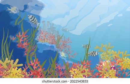 An underwater coral reef with many colorful coral, algae and marine fish species. Realistic vector underwater landscape