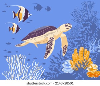 Underwater coral reef nature graphic landscape with sea turtle, coral striped fish. Environmental protection, leisure ideas, poster design for diving. Flat vector illustration