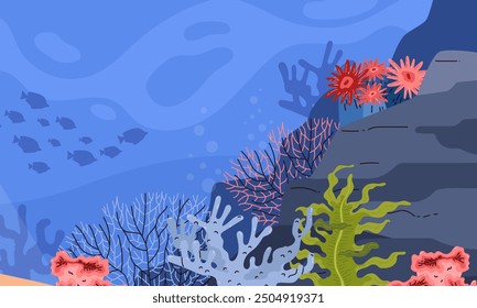 Underwater coral reef scene with colorful corals and seaweed. Various fish silhouettes swimming in the background. Vector illustration perfect for marine life designs and educational materials.