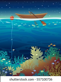 Arrecife de coral submarino con escuela de pescado y bote de madera en un cielo estrellado nocturno. Ilustración del vectorial. 