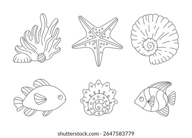 Recife de coral subaquático com conchas, peixes e estrelas-do-mar coloração página ilustração vetorial para crianças e adultos