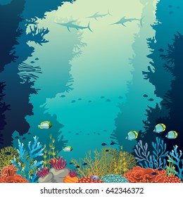 Arrecife submarina de coral y silueta de marlins sobre un fondo marino azul. Ilustración vectorial con vida silvestre oceánica.