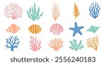 Underwater coral and seaweed, shells, vector cartoon on a white background.Vector eps 10