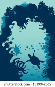 underwater coral with turtles, background vector illustration