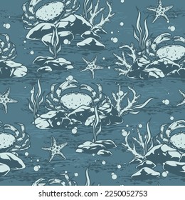 Underwater crab monochrome pattern seamless with crustacean animal living at bottom of ocean among stones and corals vector illustration
