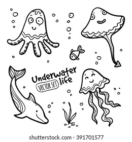 Underwater cratures vector set in doodle ink style