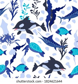 Underwater Creature and Marine Life with Fish and Sea Weeds Seamless Vector Pattern. Flora and Fauna Living Deep in the Ocean Bottom Concept