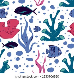 Underwater Creature and Marine Life with Fish and Sea Weeds Seamless Vector Pattern. Flora and Fauna Living Deep in the Ocean Bottom Concept