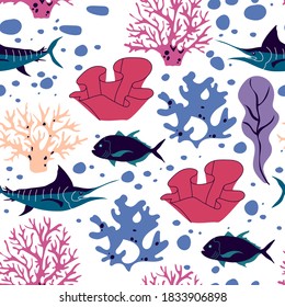 Underwater Creature and Marine Life with Fish and Sea Weeds Seamless Vector Pattern. Flora and Fauna Living Deep in the Ocean Bottom Concept