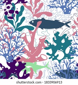 Underwater Creature and Marine Life with Fish and Sea Weeds Seamless Vector Pattern. Flora and Fauna Living Deep in the Ocean Bottom Concept