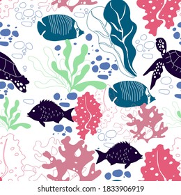 Underwater Creature and Marine Life with Fish and Sea Weeds Seamless Vector Pattern. Flora and Fauna Living Deep in the Ocean Bottom Concept