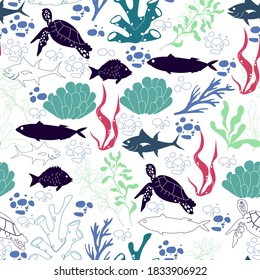 Underwater Creature and Marine Life with Fish and Sea Weeds Seamless Vector Pattern. Flora and Fauna Living Deep in the Ocean Bottom Concept