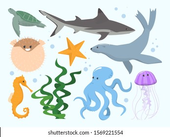 Underwater creature set vector isolated. Sea animal collection. Turtle, fish, seahorse and octopus. Cute life in ocean.