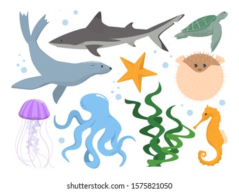 Underwater creature set vector isolated. Sea animal collection. Turtle, fish, seahorse and octopus. Cute life in ocean.