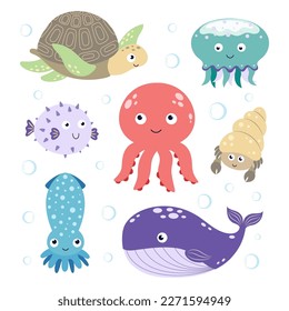 underwater creature set vector isolated, sea animal collection of turtle, whale, hermit crab, jellyfish, blow fish, squid and octopus, cute life in ocean