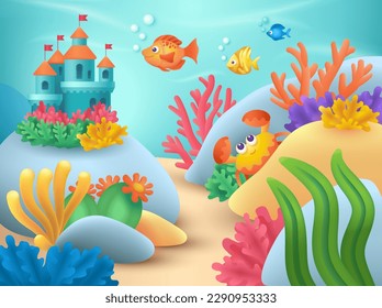 Underwater creatures and aquarium castle 3D illustration. Cartoon drawing of corals and seaweed, cute fish and crab characters in sea, ocean or aquarium in 3D style. Summer, nature, wildlife concept