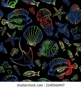Underwater creatures colorful digital effect fish and shell seamless pattern design art illustration