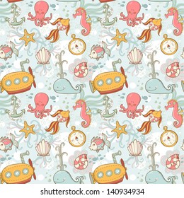 Underwater creatures cute cartoon seamless pattern