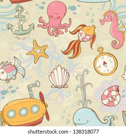 Underwater creatures cute cartoon summer seamless pattern