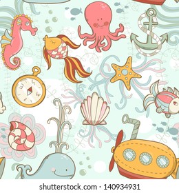 Underwater creatures cute cartoon summer seamless pattern