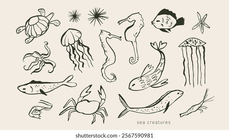 Underwater creatures: fish, crab, starfish, shrimp, seahorse. Modern wild life doodles. Simple outline ink sketches.Hand drawn sea, ocean creatures. Isolated vector elements. Naive childish style