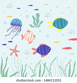 Underwater creatures  fish, jellyfish, clownfish, seaplants and corals, set with marine animals for fabric, textile, wallpaper, nursery decor, prints, childish background. Vector