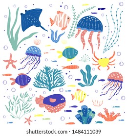Underwater creatures  fish, jellyfish, crab, clownfish, seaplants and corals, set with marine animals for fabric, textile, wallpaper, nursery decor, prints, childish background. Vector