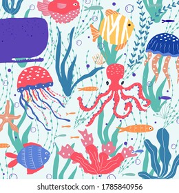 Underwater creatures fish, jellyfish, octopus, clownfish, seaplants and corals, set with marine animals for print, textile, wallpaper, nursery decor, prints, childish background. Vector
