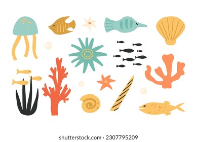 Underwater creatures hand-drawn vector collection. Exotic sea and ocean fish like angelfish, jelly fish, plants like sea lily, shells, coral reefs, and seaweed.