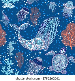 Underwater creatures and life - whale, seahorse, jellyfish. Vector seamless pattern with hand drawn illustrations