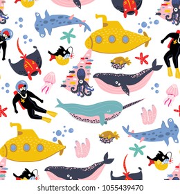 Underwater Creatures And Objects. Colored Vector Seamless Pattern