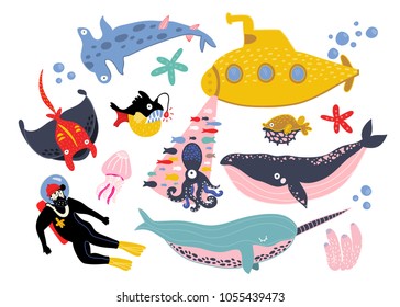 Underwater creatures and objects. Colored vector set. All elements are isolated