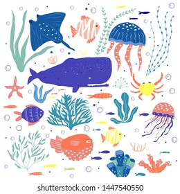 Underwater creatures octopus, whale, fish, jellyfish, crab, clownfish, seaplants and corals, set with marine animals for fabric, textile, wallpaper, nursery decor, prints, childish background. Vector