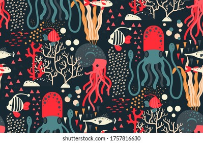 Underwater creatures pattern seamless design. Decoration textile and paper series