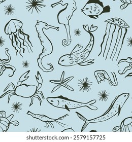 Underwater creatures Seamless pattern. Fish, crab, starfish, shrimp, seahorse. Modern wild life doodles. Simple outline ink. Hand drawn sea, ocean creatures. Vector surface. Naive childish style