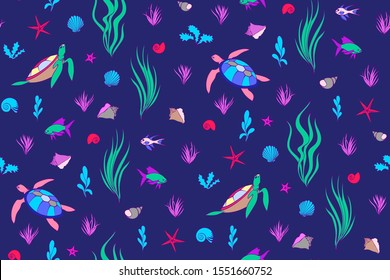 Underwater creatures seamless pattern with turtles, fish, shells. Vector cartoon undersea magic illustration, cute endless kids background.