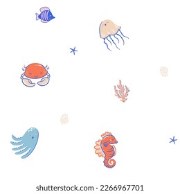 Underwater creatures, seamless pattern with vector hand drawn art